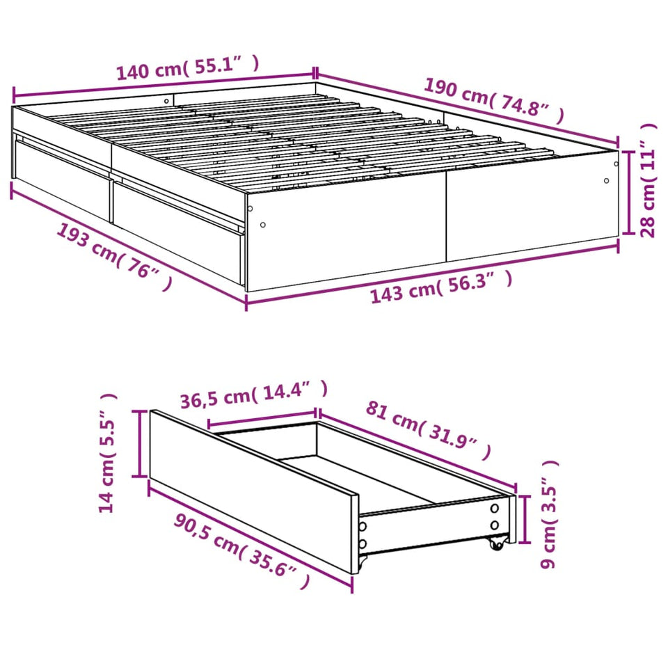 Bed Frame with Drawers without Mattress Brown Oak 140x190 cm