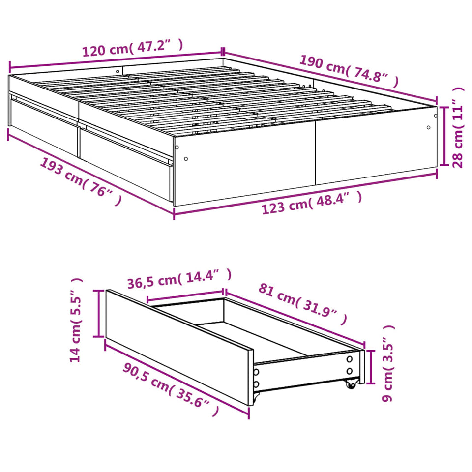 Bed Frame with Drawers without Mattress Black 120x190 cm Small Double