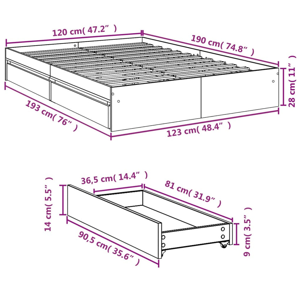 Bed Frame with Drawers without Mattress Sonoma Oak 120x190 cm Small Double