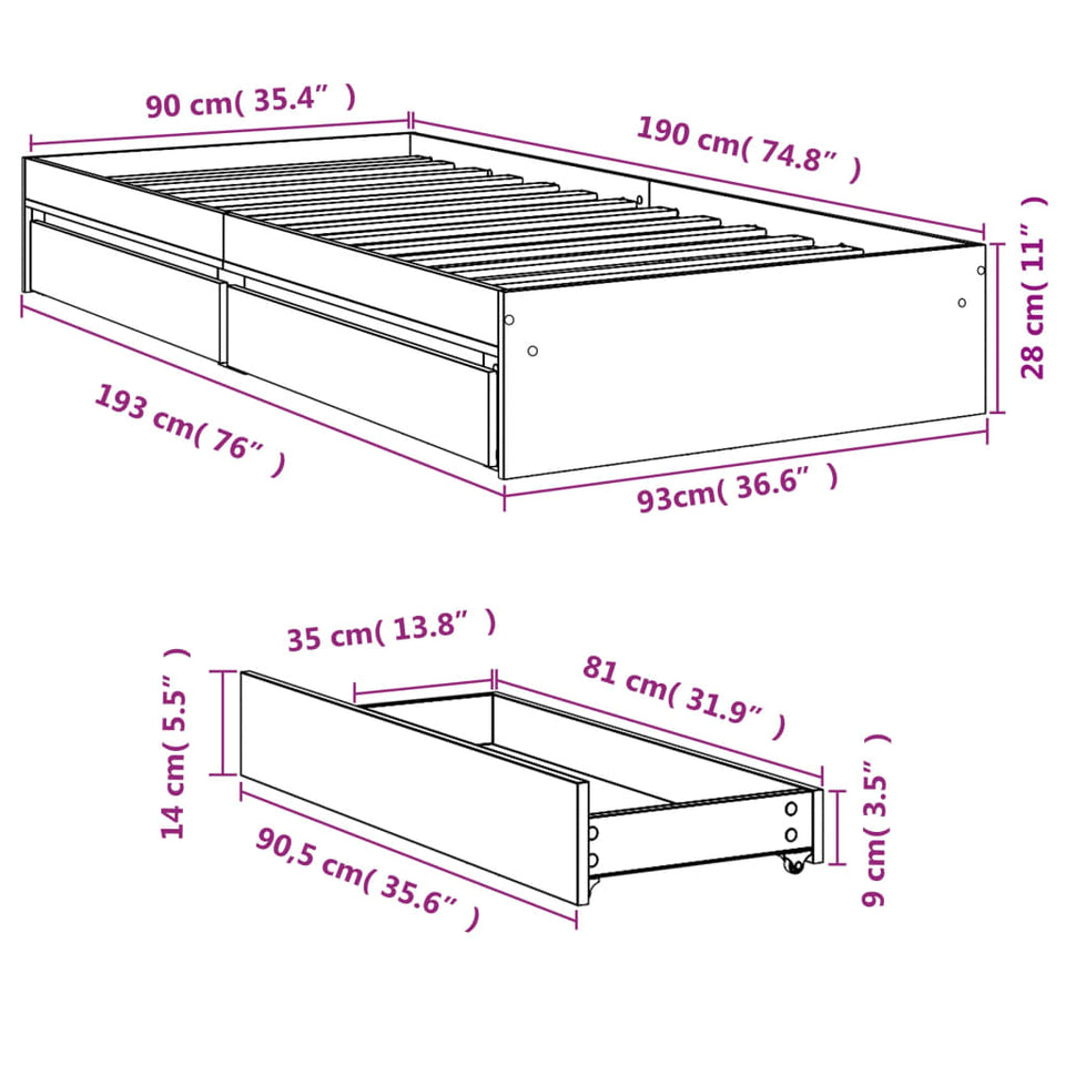 Bed Frame with Drawers without Mattress Smoked Oak 90x190 cm Single