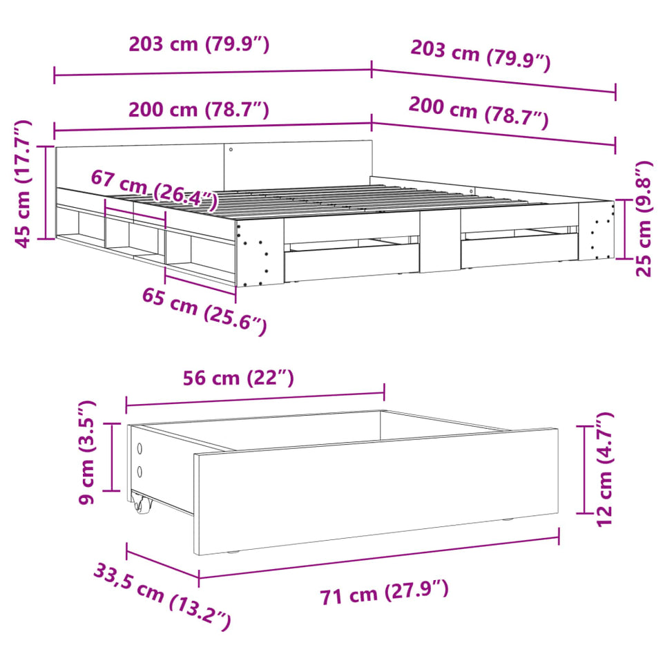 Bed Frame with Drawers without Mattress Concrete Grey 200x200 cm