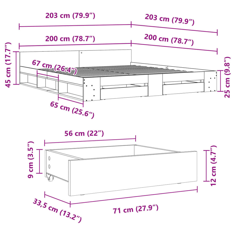 Bed Frame with Drawers without Mattress Smoked Oak 200x200 cm