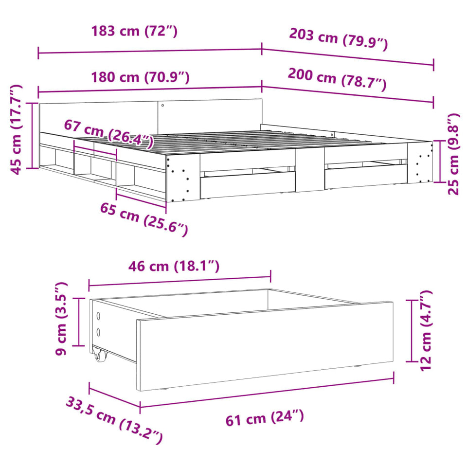 Bed Frame with Drawers without Mattress White 180x200 cm Super King