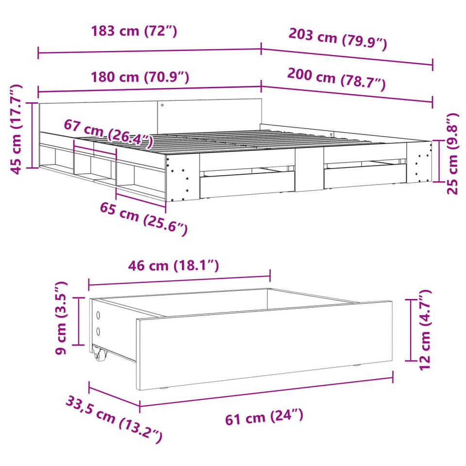 Bed Frame with Drawers without Mattress Black 180x200 cm Super King