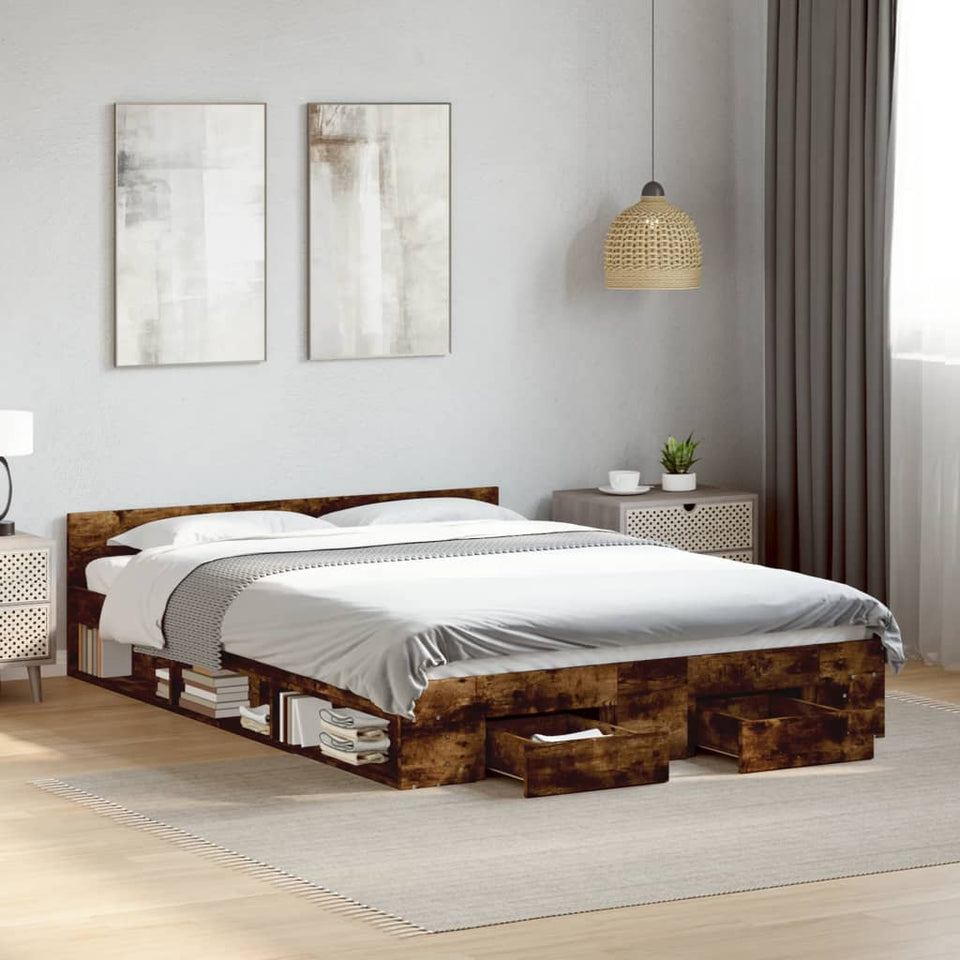 Bed Frame with Drawers without Mattress Smoked Oak 160x200 cm