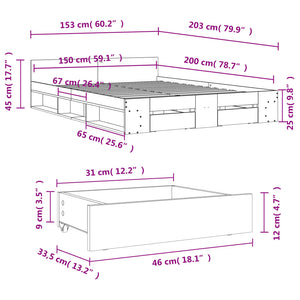 Bed Frame with Drawers without Mattress White 150x200 cm King Size