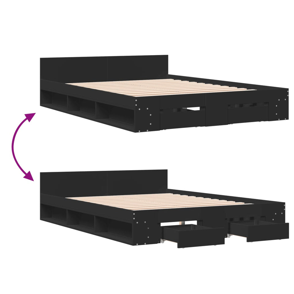 Bed Frame with Drawers without Mattress Black 150x200 cm King Size