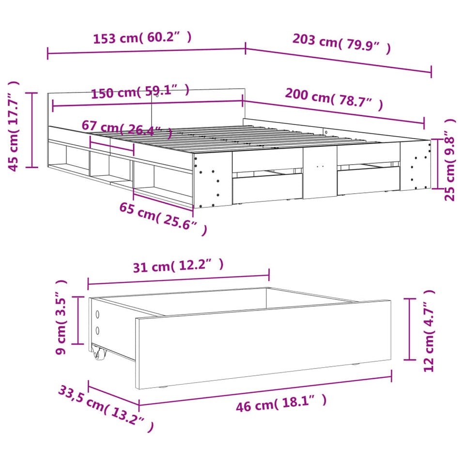 Bed Frame with Drawers without Mattress Black 150x200 cm King Size