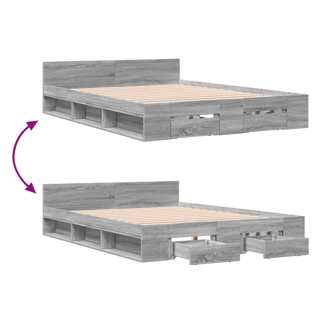 Bed Frame with Drawers without Mattress Grey Sonoma 140x200 cm