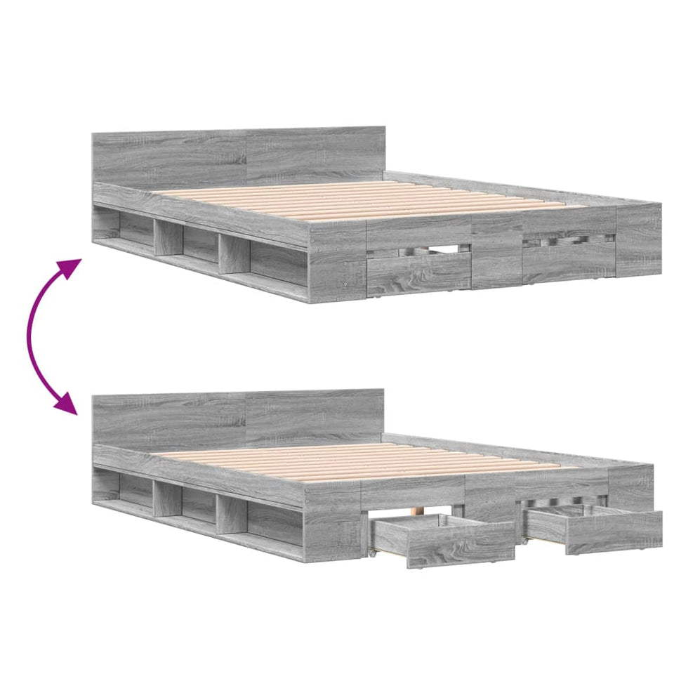 Bed Frame with Drawers without Mattress Grey Sonoma 140x200 cm