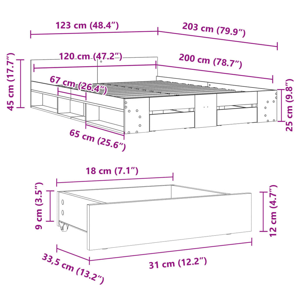 Bed Frame with Drawers without Mattress Grey Sonoma 120x200 cm