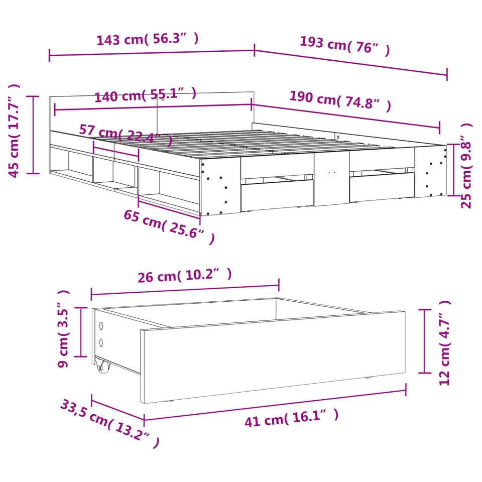 Bed Frame with Drawers without Mattress Black 140x190 cm