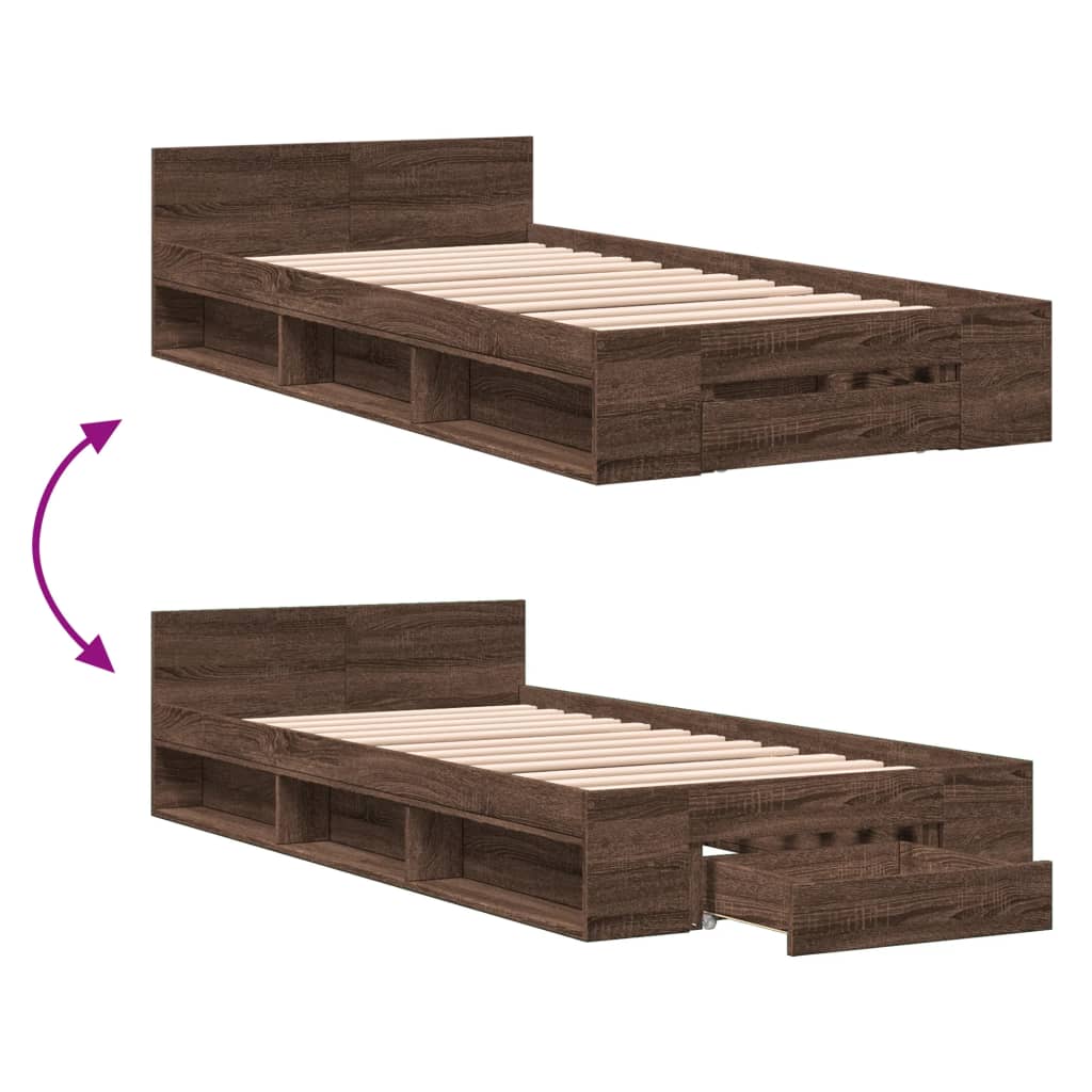 Bed Frame with Drawer without Mattress Brown Oak 75x190 cm Small Single
