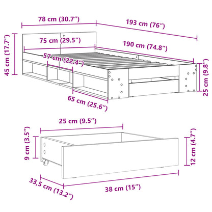 Bed Frame with Drawer without Mattress Brown Oak 75x190 cm Small Single