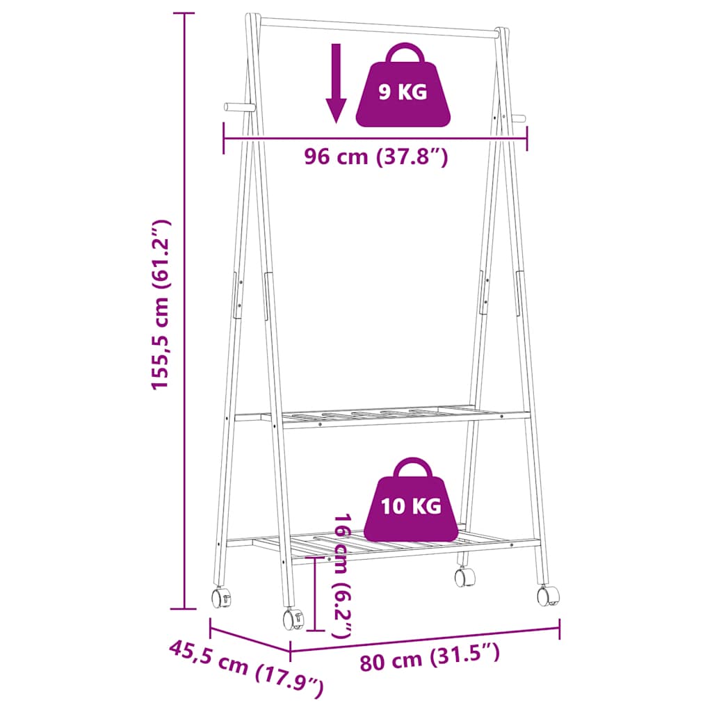 Clothes Rack with Shelves and Wheels 96x45.5x155.5 cm Bamboo