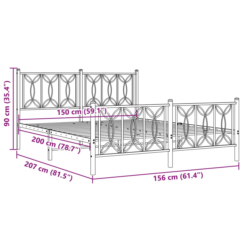 vidaXL Bed Frame Black Steel King Size Bed Frame Rectangular Modern