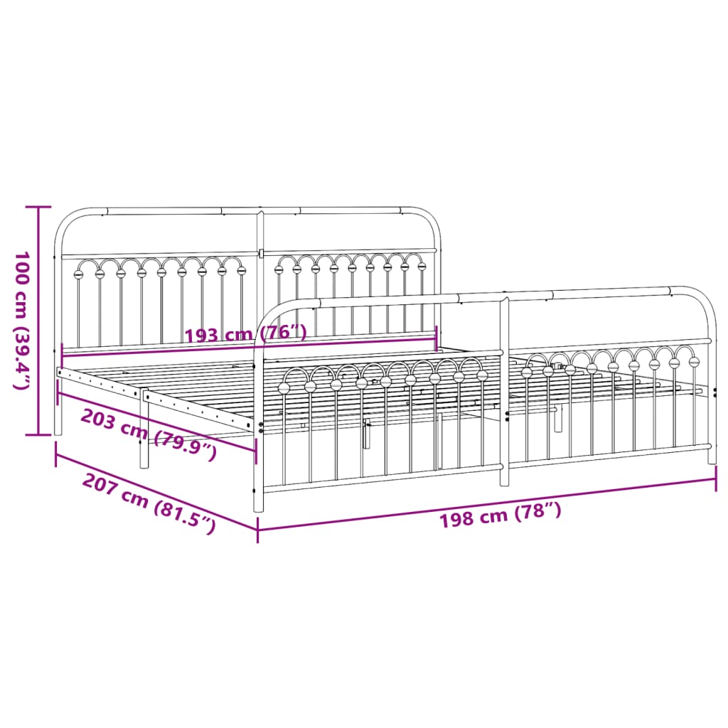 Metal Bed Frame without Mattress with Footboard Black 76"x79.9