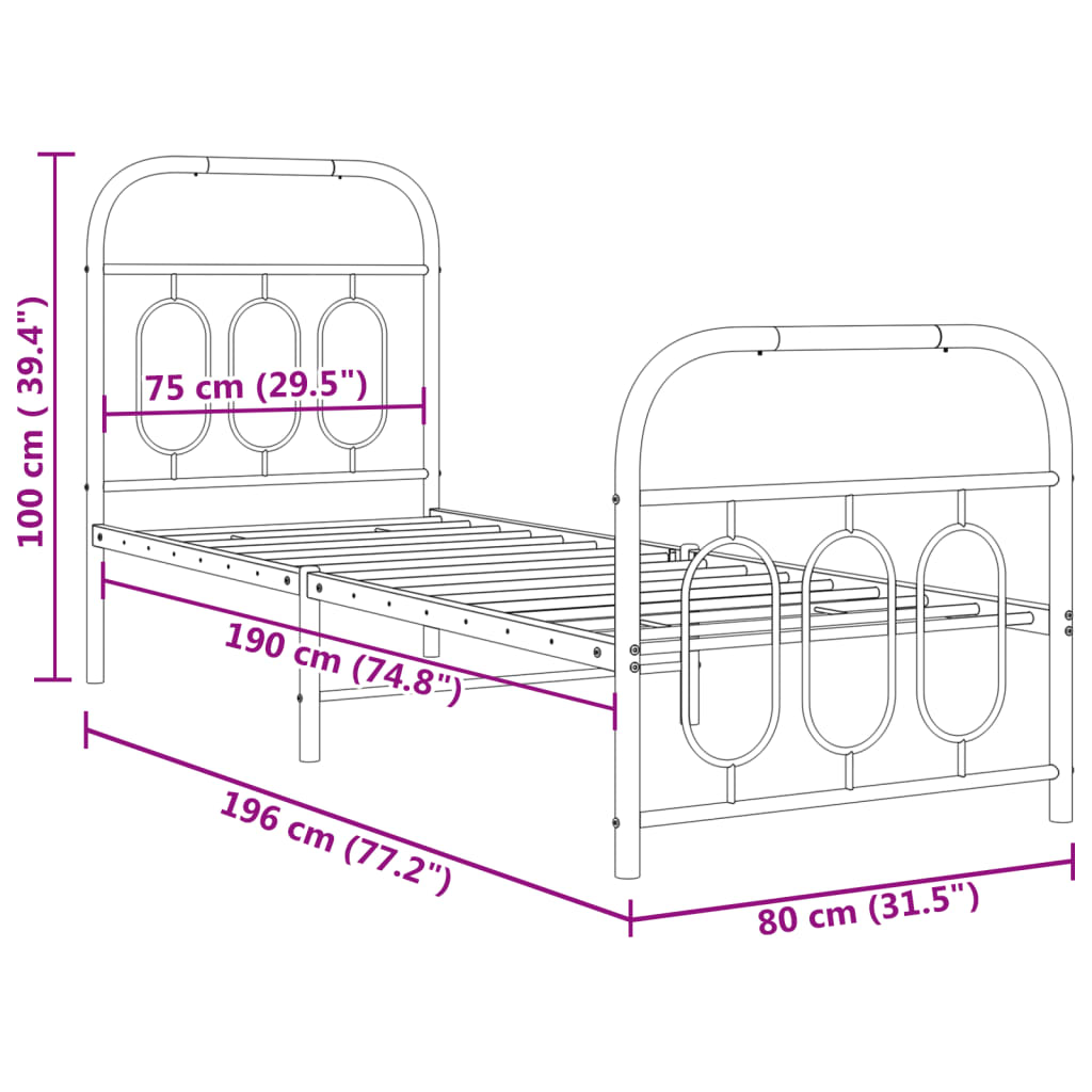Metal Bed Frame without Mattress with Footboard Black 75x190cm