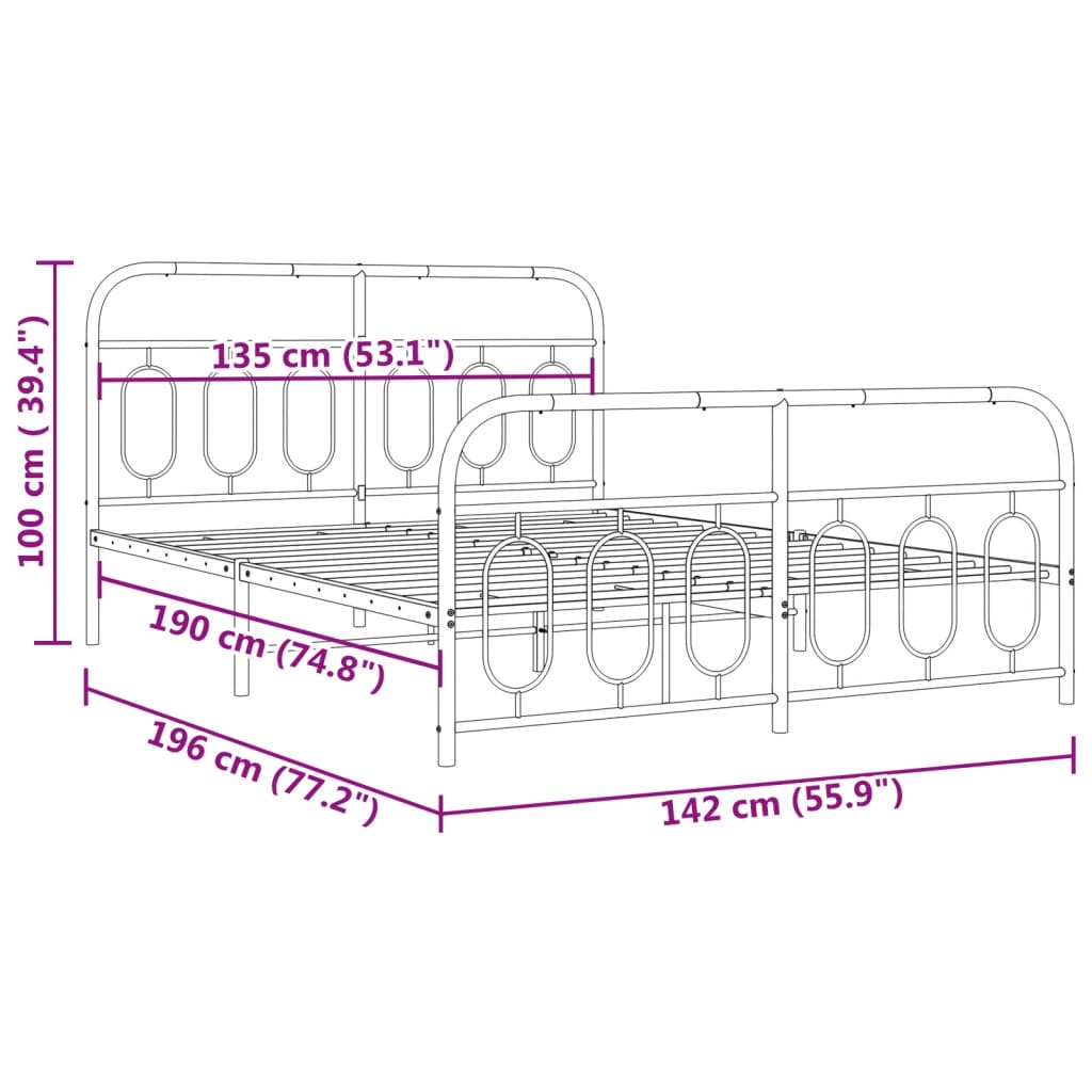 Metal Bed Frame without Mattress with Footboard Black 135x190cm