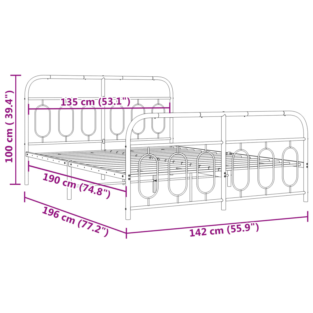 Metal Bed Frame without Mattress with Footboard White 135x190cm