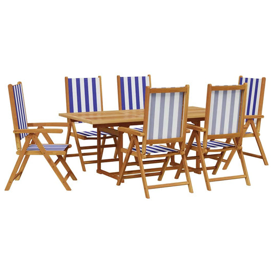 7 Piece Garden Dining Set Blue and White Fabric and Solid Wood