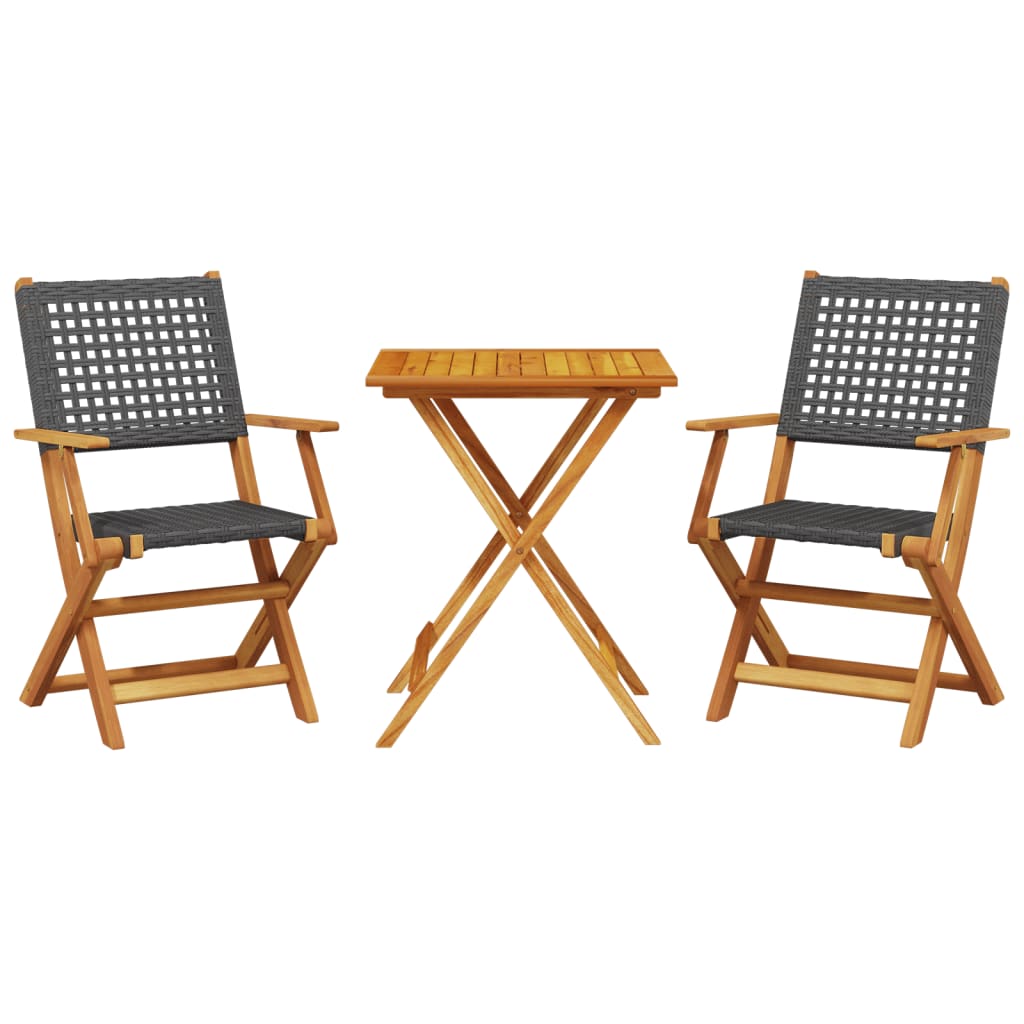 Bistro Set | Black | Solid acacia wood, PE rattan | Compact | Foldable