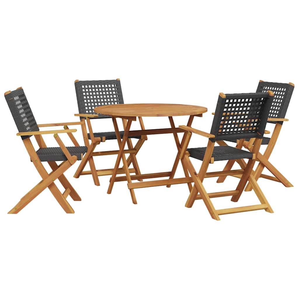 5 Piece Garden Dining Set Black Poly Rattan and Solid Wood