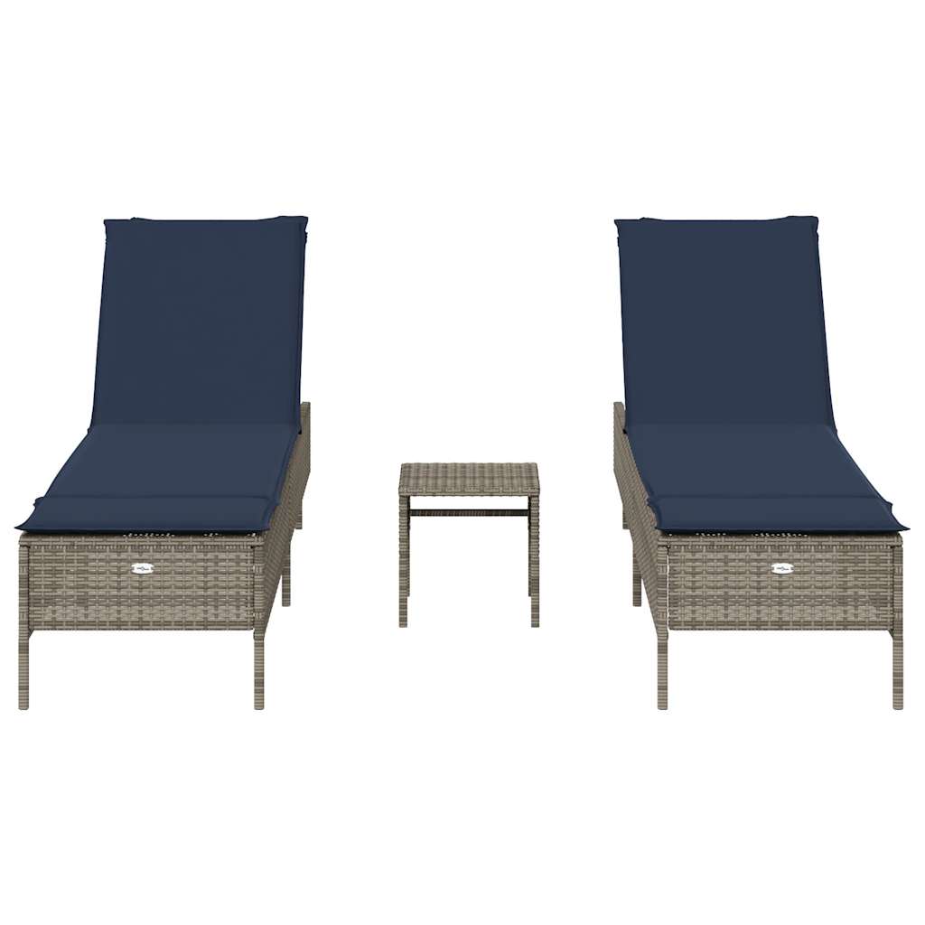 3 Piece Sun Lounger Set with Cushion Gray Poly Rattan