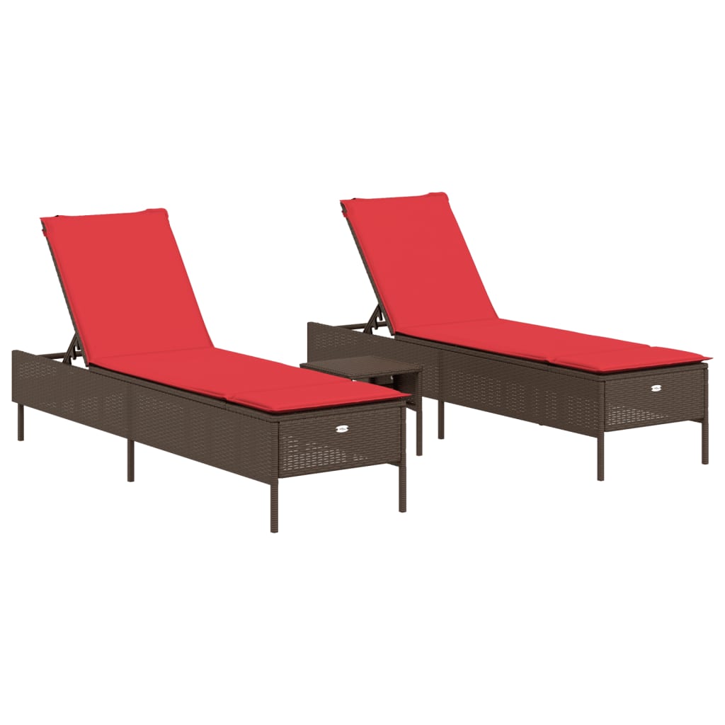 3 Piece Sun Lounger Set with Cushion Brown Poly Rattan