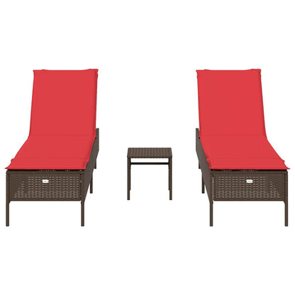 3 Piece Sun Lounger Set with Cushion Brown Poly Rattan