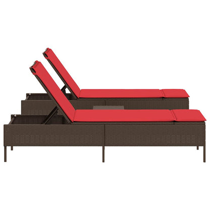 3 Piece Sun Lounger Set with Cushion Brown Poly Rattan