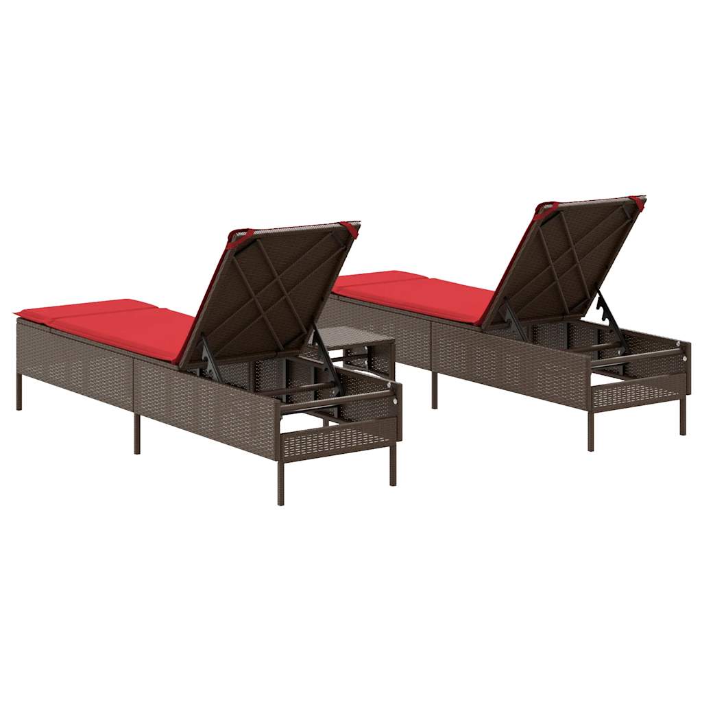 3 Piece Sun Lounger Set with Cushion Brown Poly Rattan