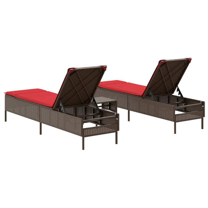 3 Piece Sun Lounger Set with Cushion Brown Poly Rattan