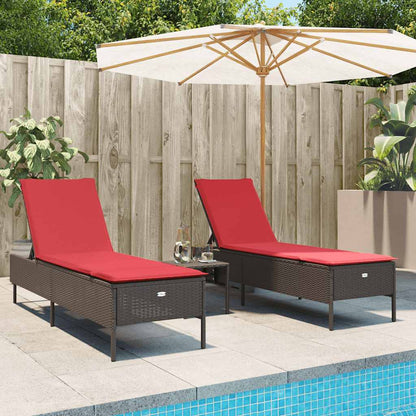 3 Piece Sun Lounger Set with Cushion Brown Poly Rattan