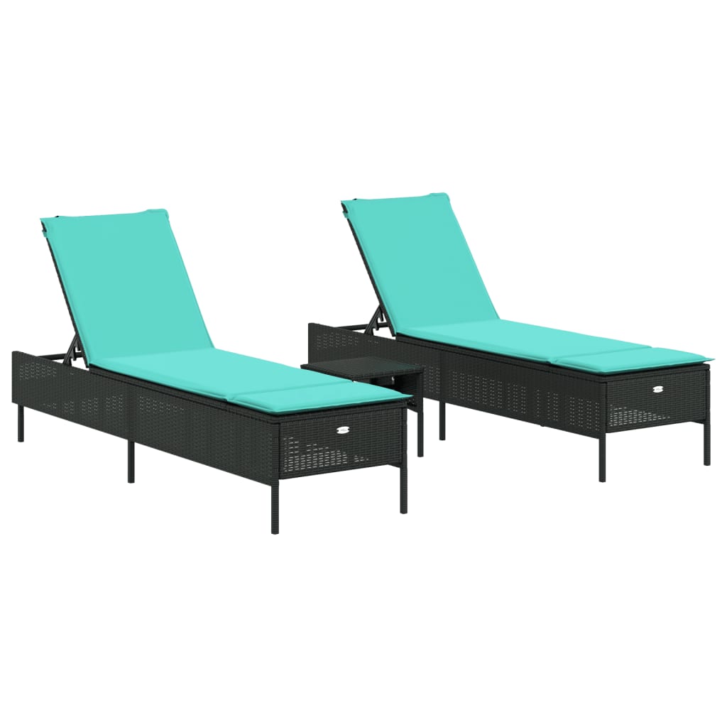 3 Piece Sun Lounger Set with Cushion Black Poly Rattan