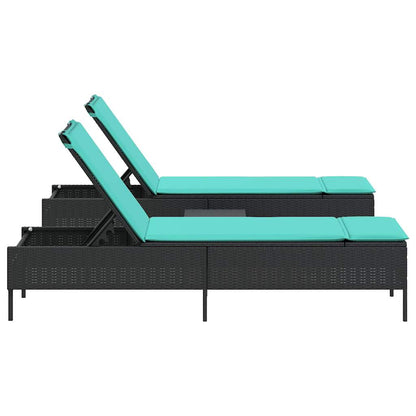 3 Piece Sun Lounger Set with Cushion Black Poly Rattan