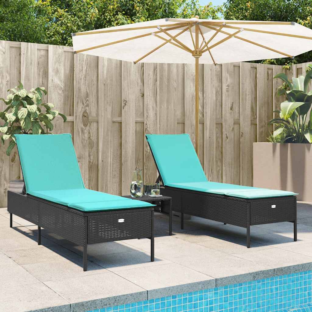 3 Piece Sun Lounger Set with Cushion Black Poly Rattan