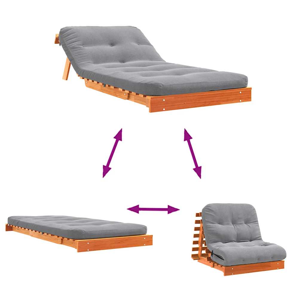 Futon Sofa Bed with Mattress Wax Brown 80x206x11 cm Solid Wood Pine