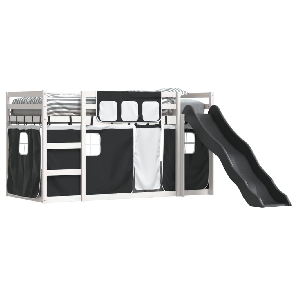 Bunk Bed with Slide and Curtains White and Black 90x190 cm