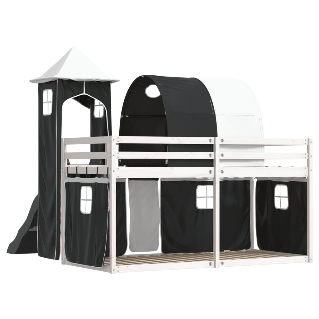 Bunk Bed with Slide and Curtains White and Black 80x200 cm