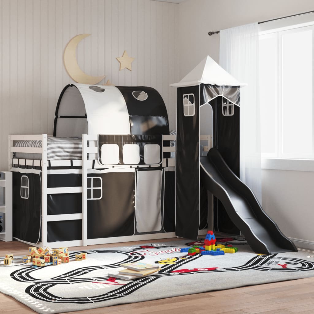 Bunk Bed with Slide and Curtains White and Black 80x200 cm