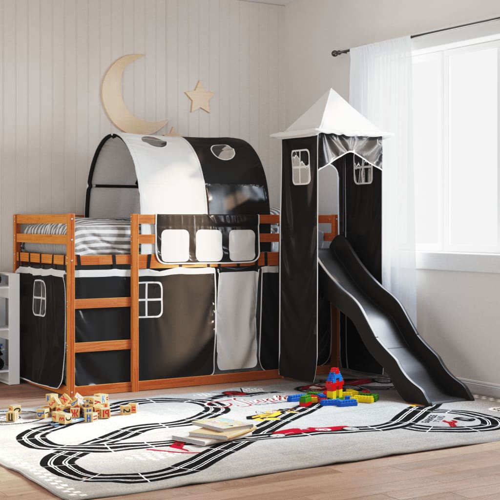 Bunk Bed with Slide and Curtains White and Black 80x200 cm