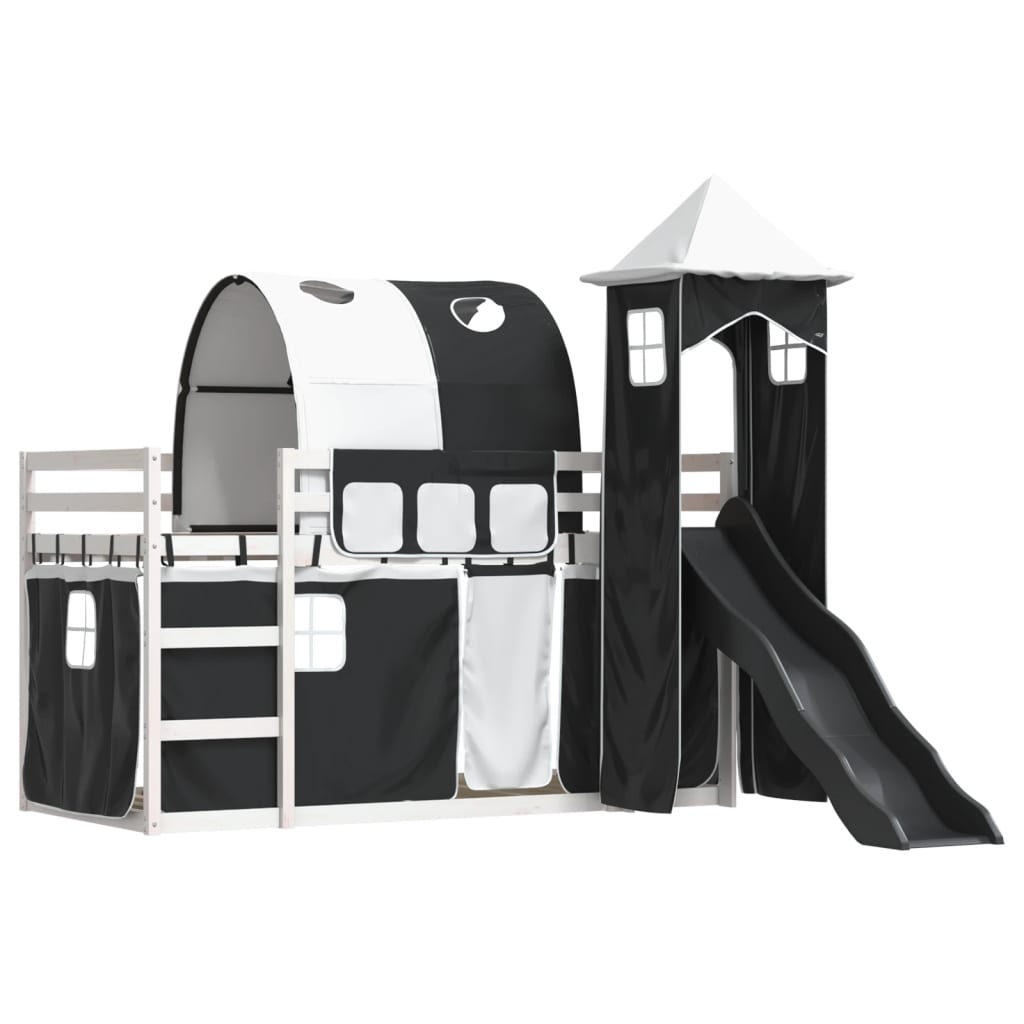 Bunk Bed with Slide and Curtains White and Black 90x190 cm