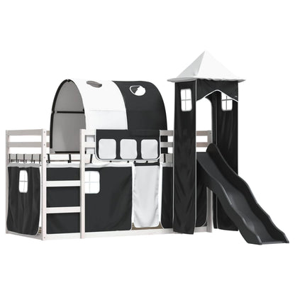 Bunk Bed with Slide and Curtains White and Black 90x190 cm