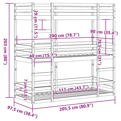 Triple Bunk Bed without Mattress Wax Brown 90x200 cm Solid Wood Pine