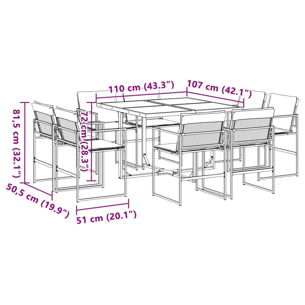 9 Piece Patio Dining Set with Cushions Black Textilene