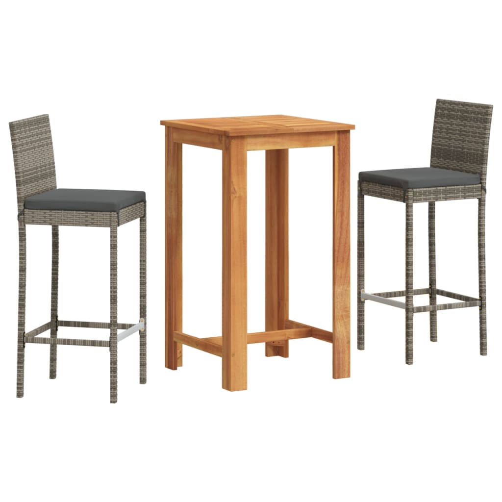 3 Piece Patio Bar Set Gray Solid Wood Acacia and Poly Rattan