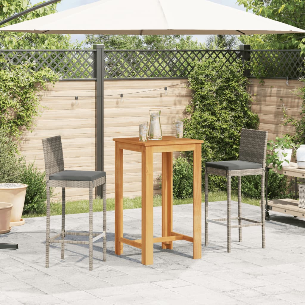 3 Piece Patio Bar Set Gray Solid Wood Acacia and Poly Rattan