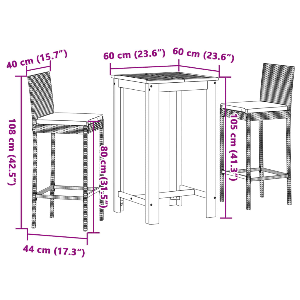 3 Piece Patio Bar Set Gray Solid Wood Acacia and Poly Rattan