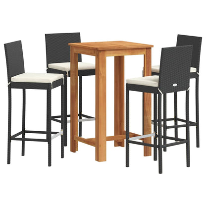 5 Piece Patio Bar Set Black Solid Wood Acacia and Poly Rattan